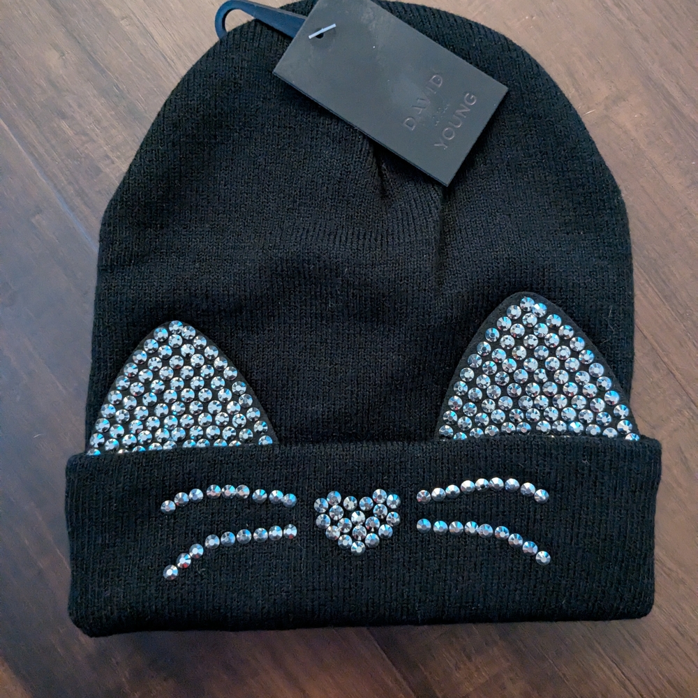 David Young Black Cat Beanie with Rhinestones